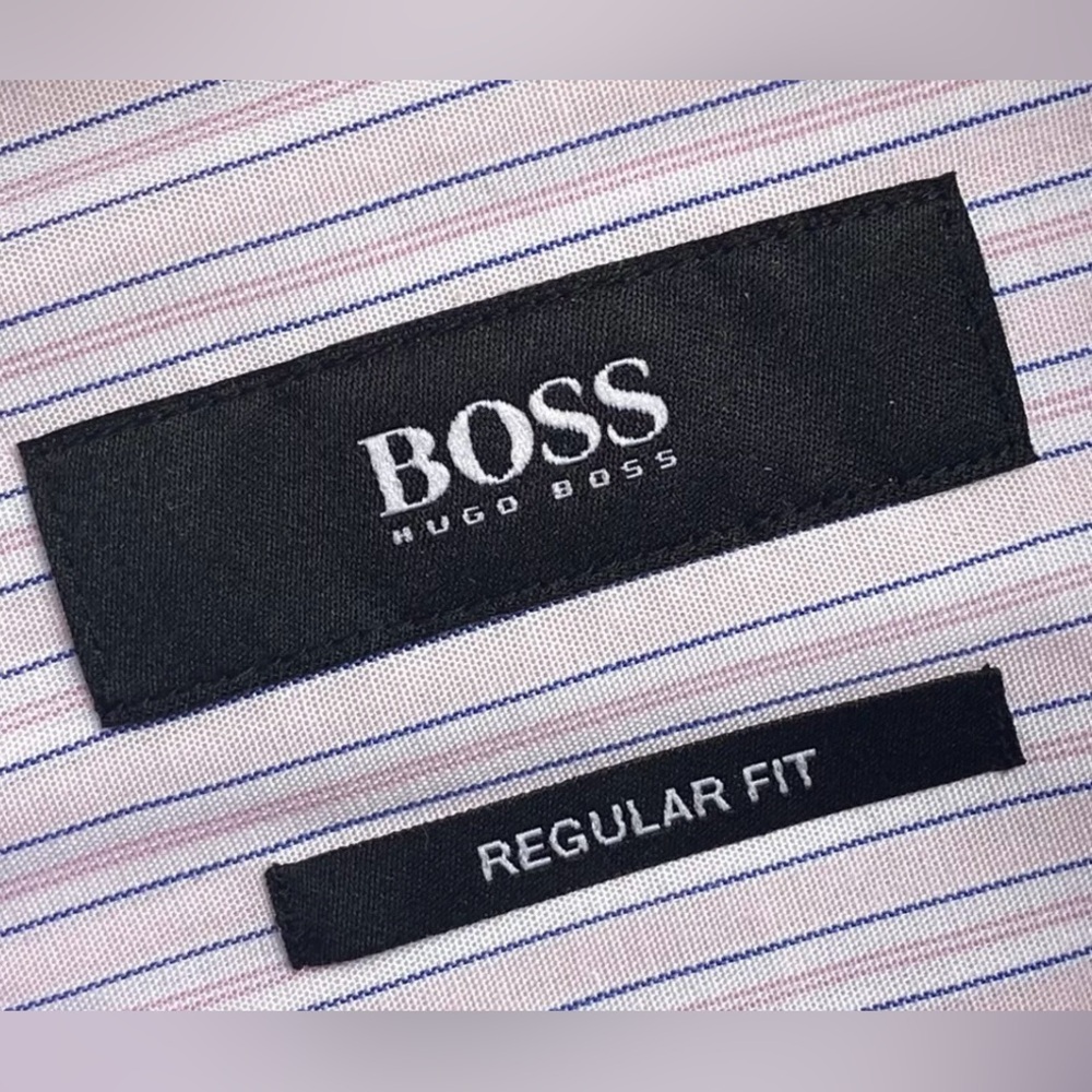 NEW HUGO BOSS DRESS SHIRT 16 36/37 BLACK LABEL PALE PINK WHITE NAVY BLUE STRIPE